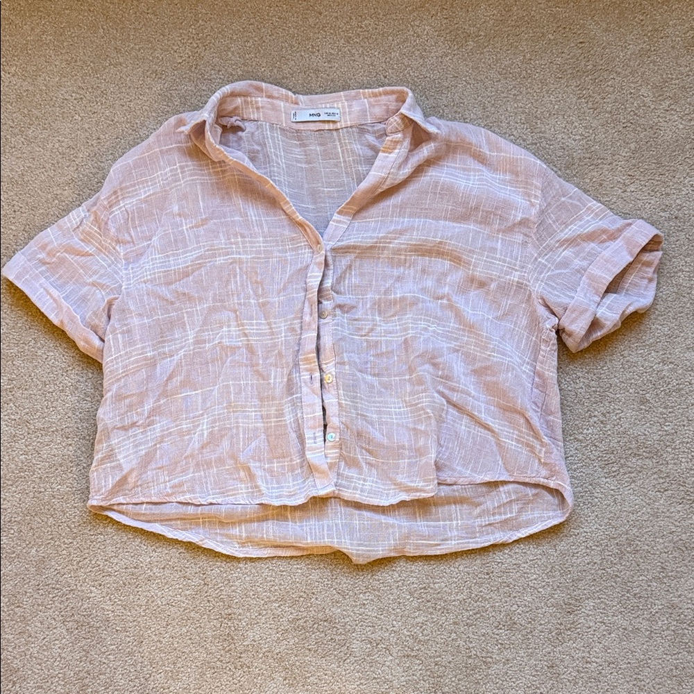 Mango Light Pink and white linen-like “plaid” Shirt